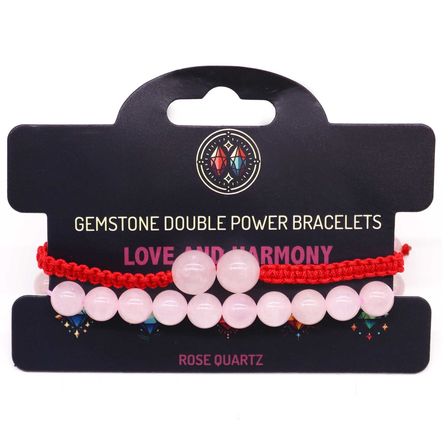 Two gemstone double power bracelets on a display card with 'Love and Harmony' text.
