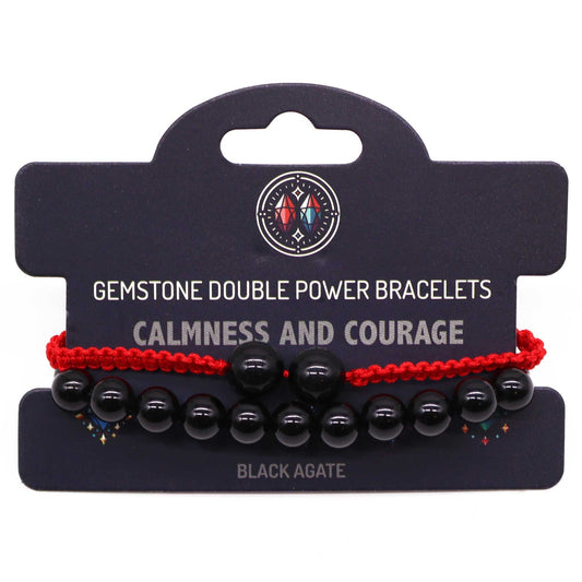 Black agate gemstone double power bracelets on a branded card with 'Calmness and Courage' text.