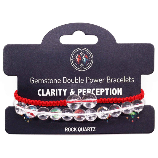 Gemstone double power bracelet with clear beads and red cord on a black card labeled 'Clarity & Perception'.