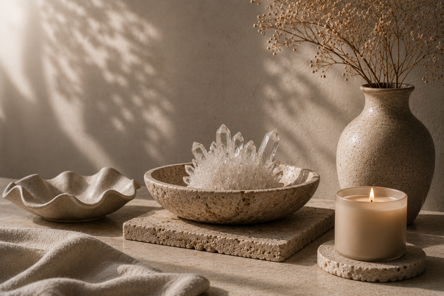 Minimalist home décor with ceramic accessories, crystal décor and natural objects
