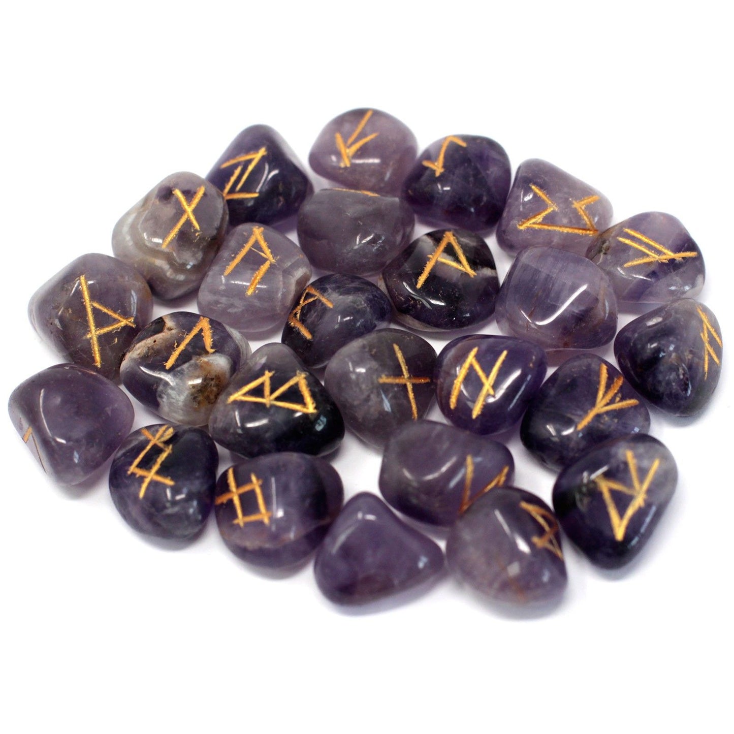 Natural Amethyst rune set with 25 engraved crystal stones and black storage pouch for divination, meditation and spiritual practice.