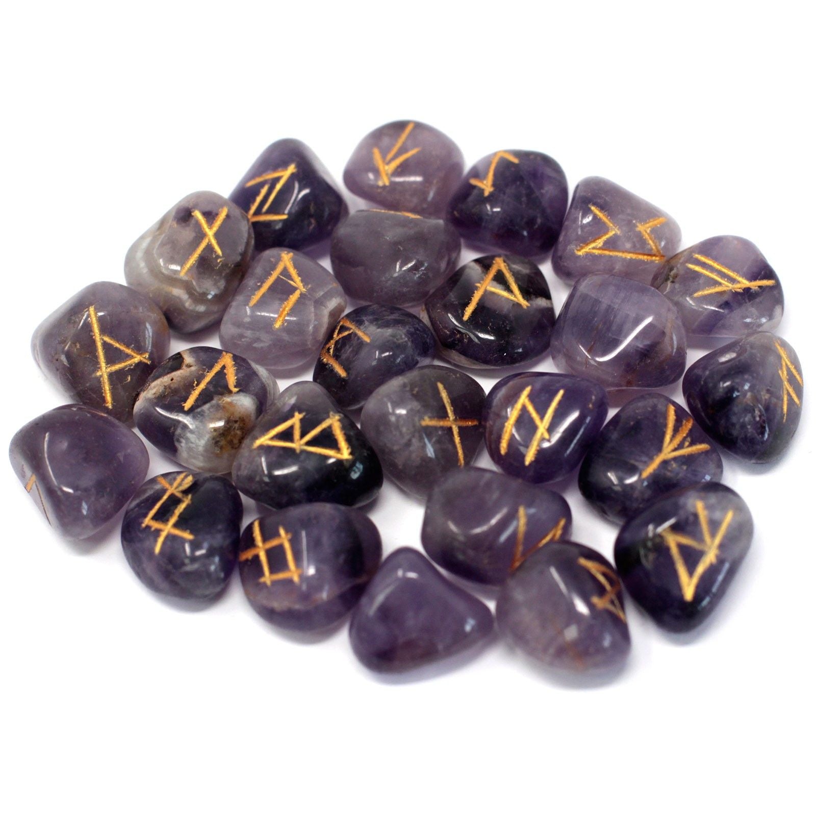 Natural Amethyst rune set with 25 engraved crystal stones and black storage pouch for divination, meditation and spiritual practice.