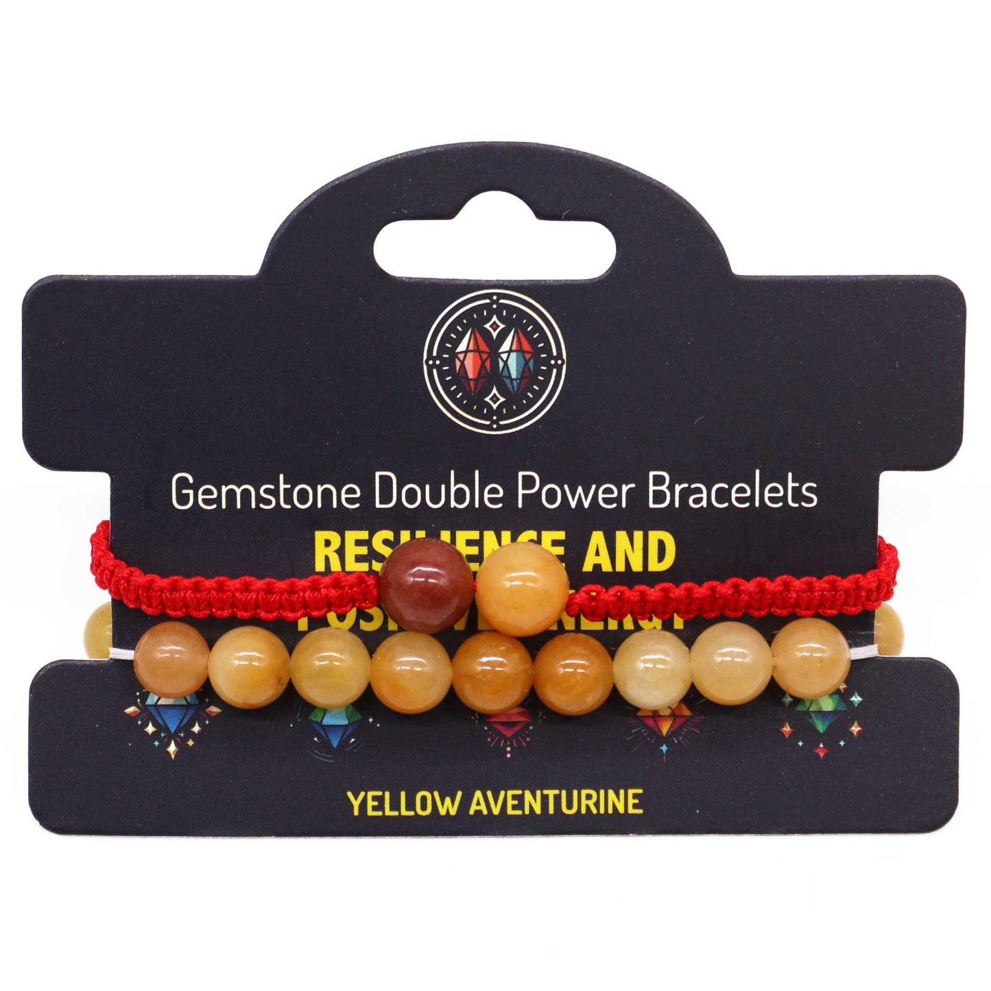 Gemstone double power bracelets on a branded card with yellow aventurine beads.