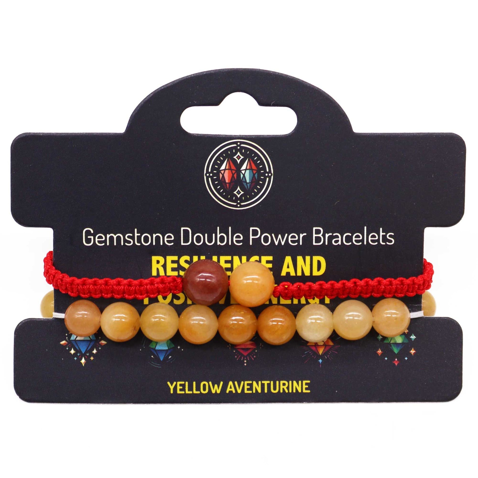 Gemstone double power bracelets on a branded card with yellow aventurine beads.