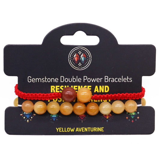 Gemstone double power bracelets on a branded card with yellow aventurine beads.