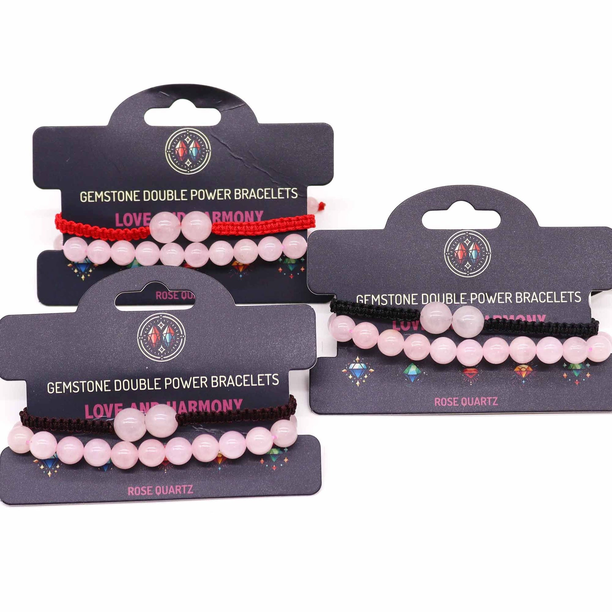 Set of gemstone double power bracelets on display cards with 'Love & Harmony' and 'Rose Quartz' text.
