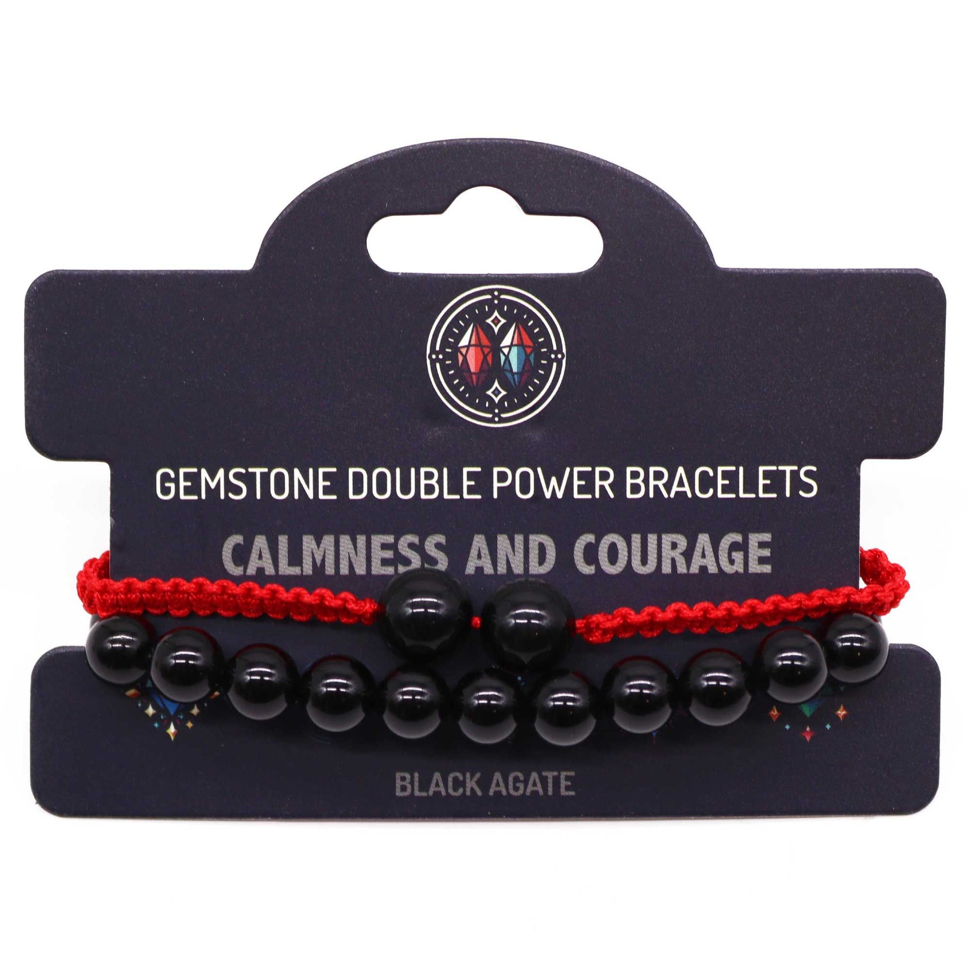 Black agate gemstone double power bracelets on a branded card with 'Calmness and Courage' text.