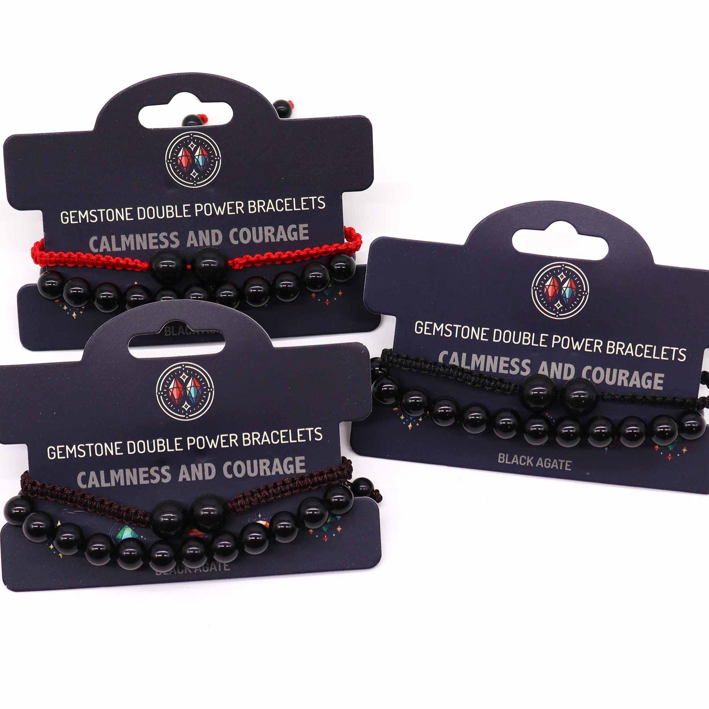 Three gemstone double power bracelets on display cards with text 'Calmness and Courage' on a white background.