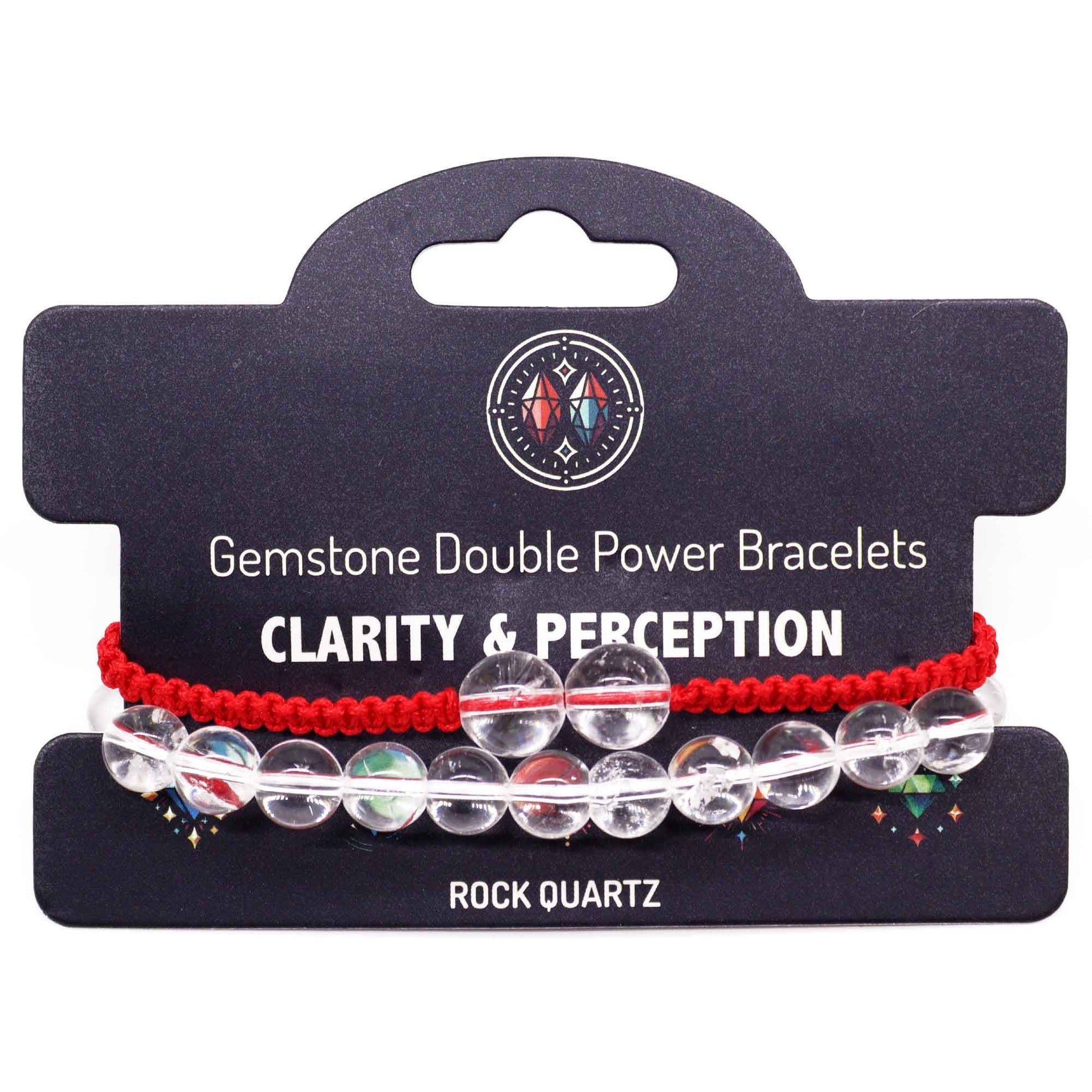 Gemstone double power bracelet with clear beads and red cord on a black card labeled 'Clarity & Perception'.
