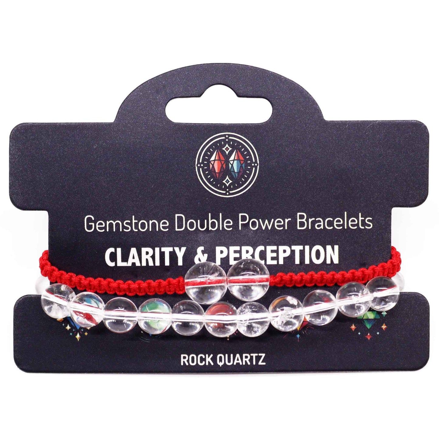 Gemstone double power bracelet with clear beads and red cord on a black card labeled 'Clarity & Perception'.