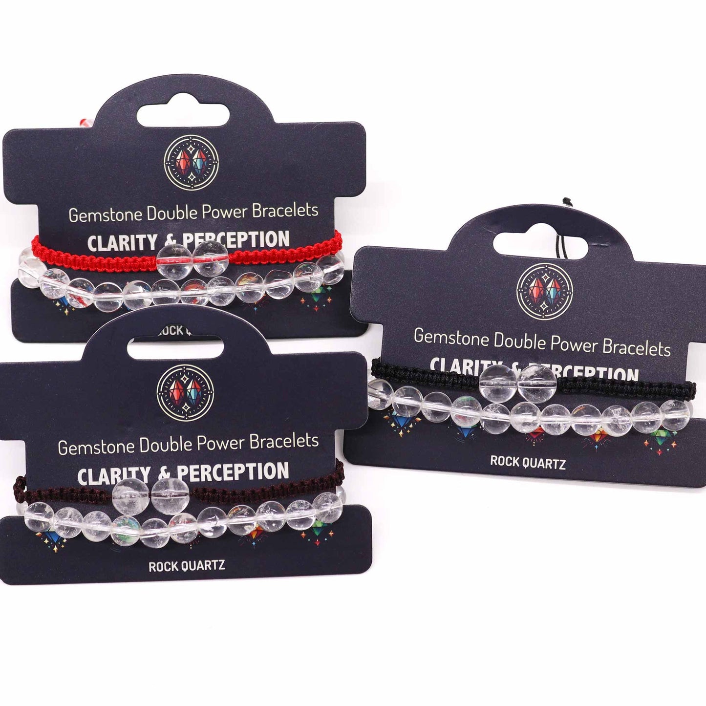 Gemstone double power bracelets on packaging with 'Clarity & Perception' text.