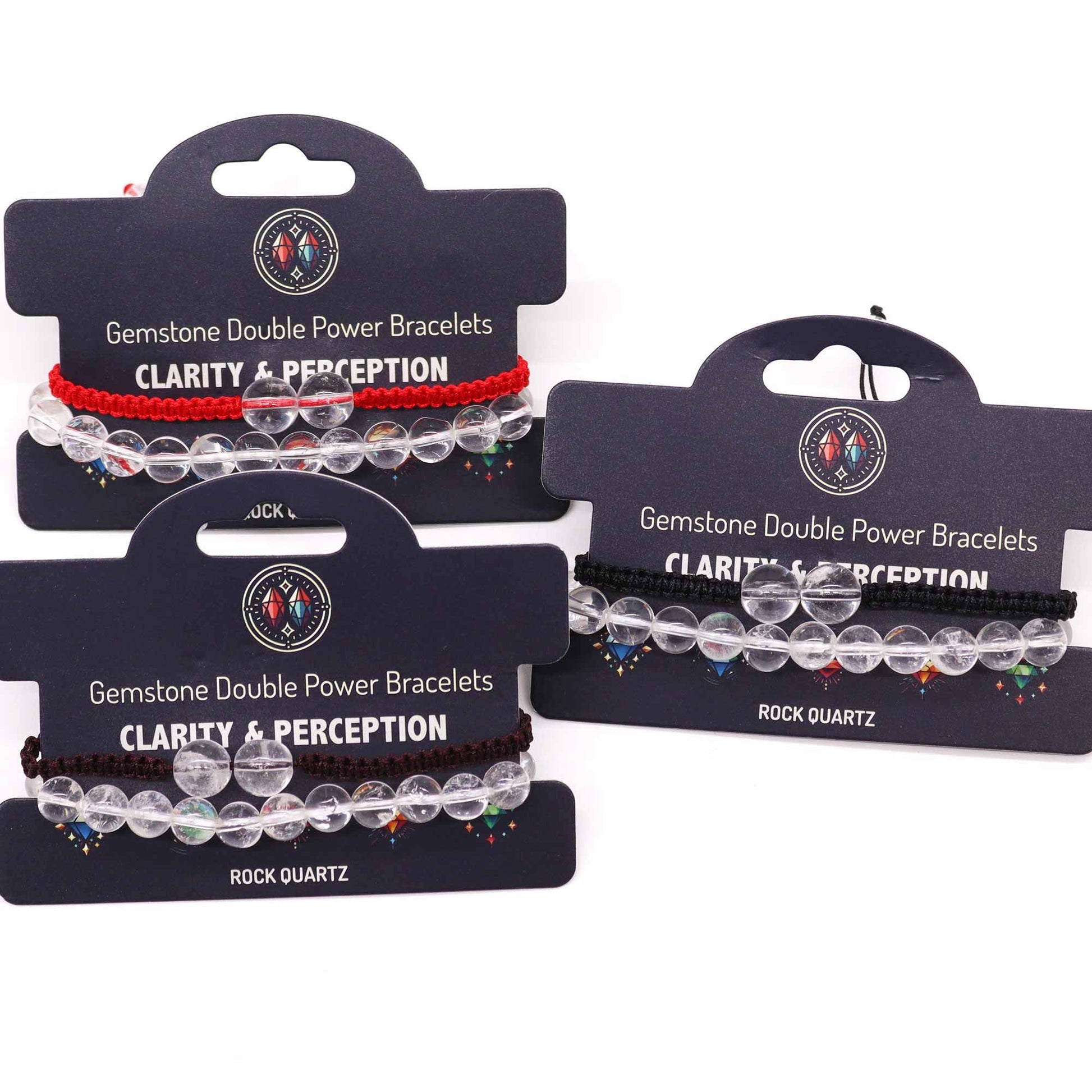 Gemstone double power bracelets on packaging with 'Clarity & Perception' text.