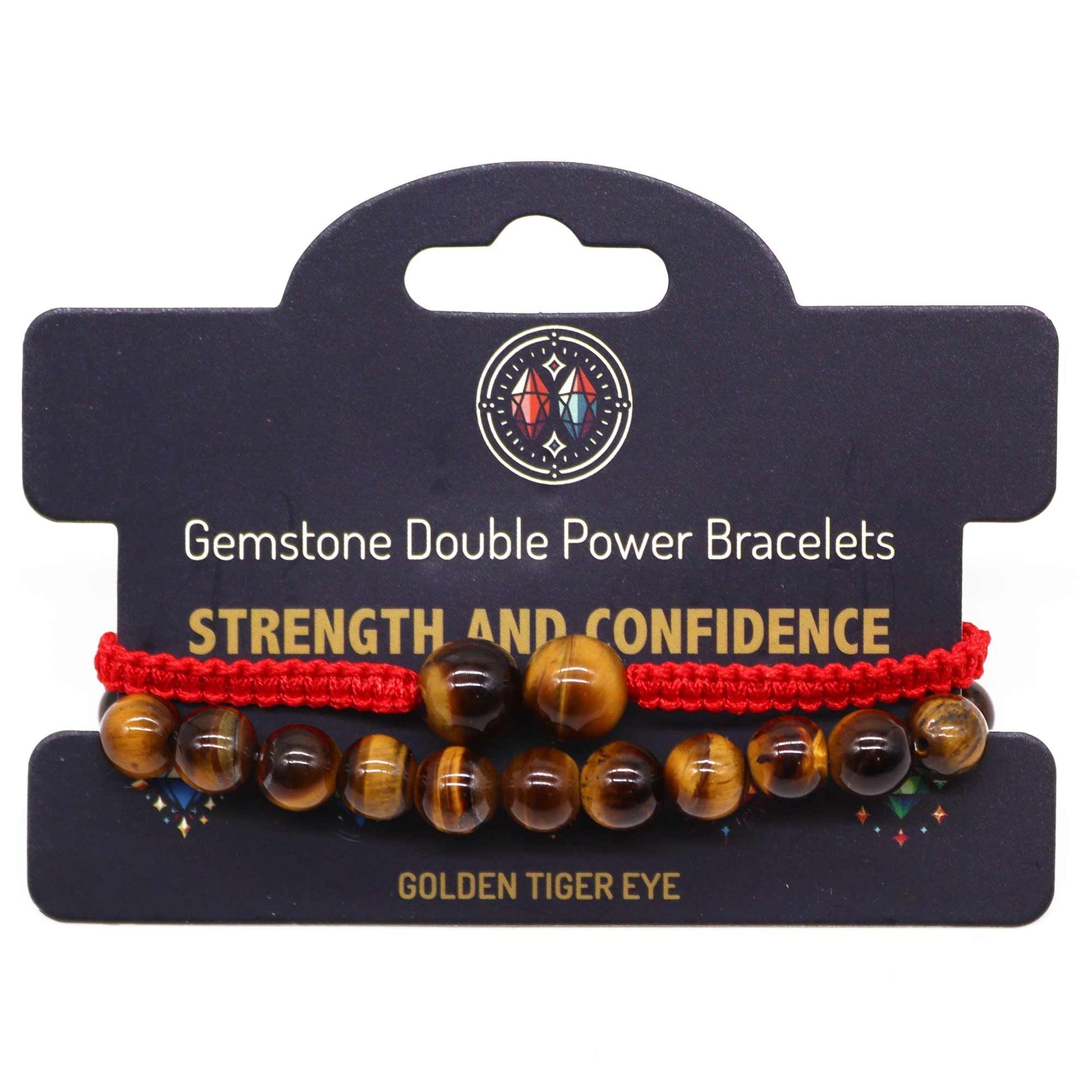 Gemstone double power bracelets with tiger eye beads on a black card.