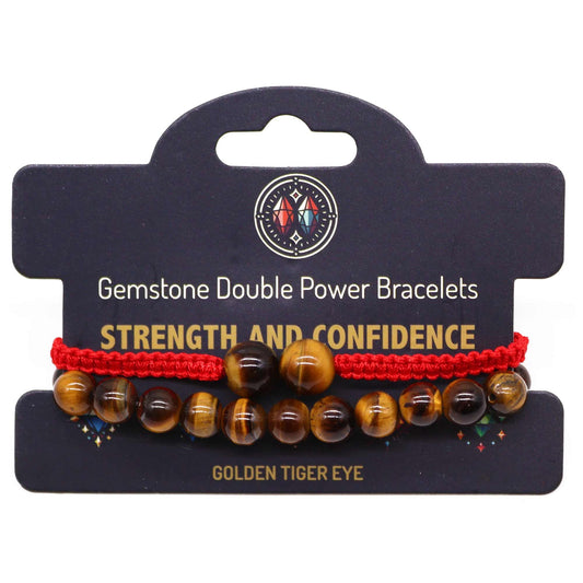 Gemstone double power bracelets with tiger eye beads on a black card.