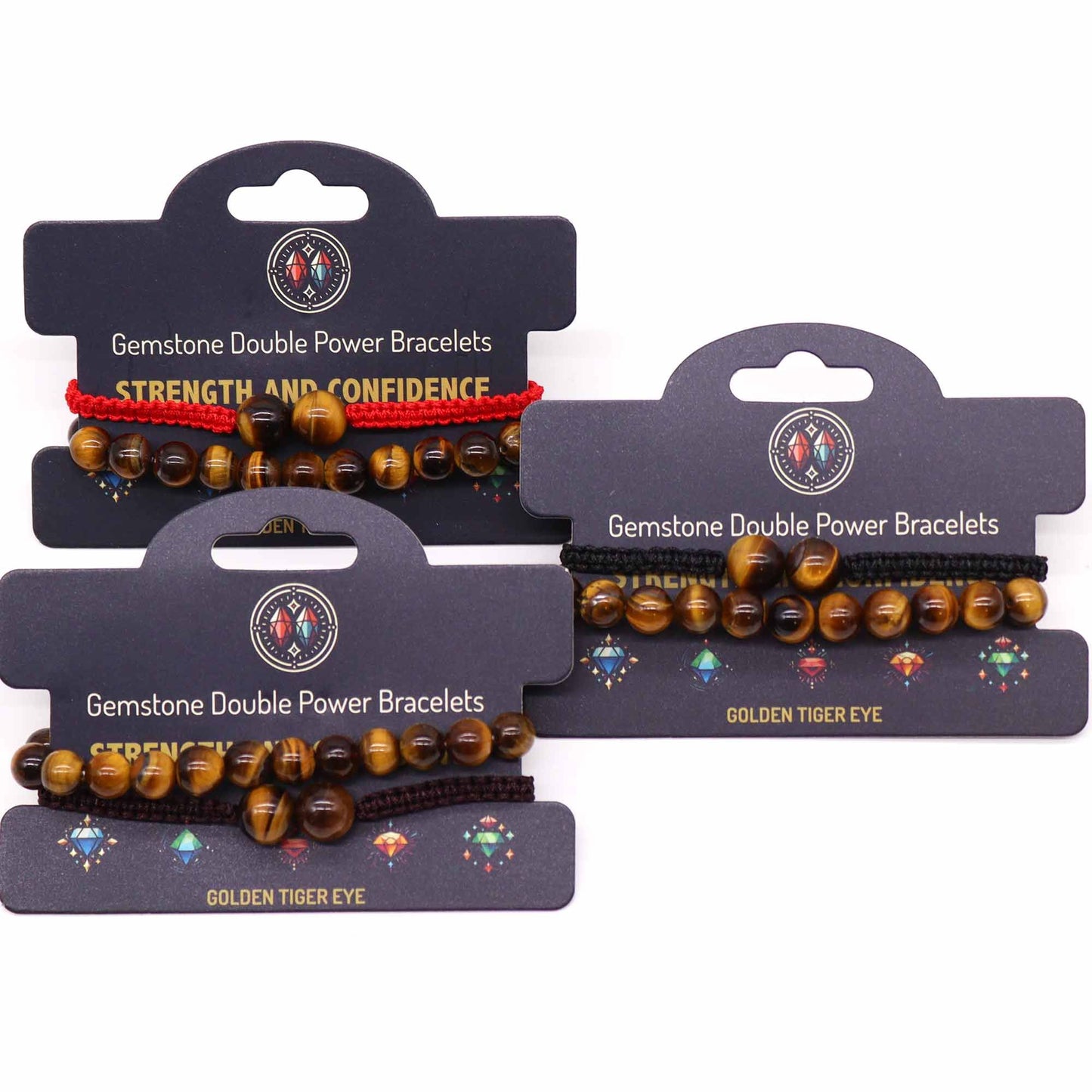 Three gemstone double power bracelets on display cards with text and branding.