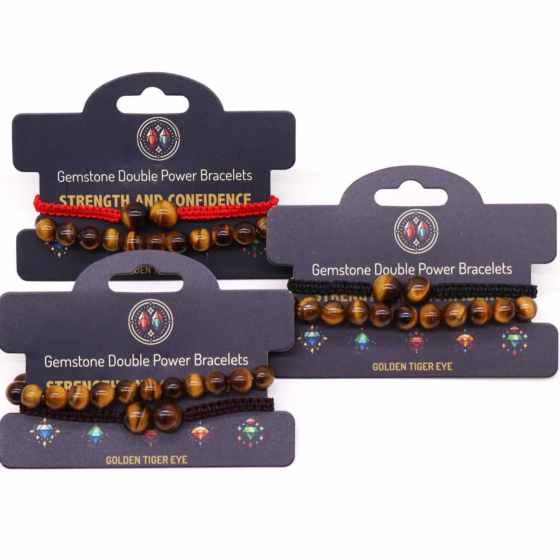 Three gemstone double power bracelets on display cards with text and branding.