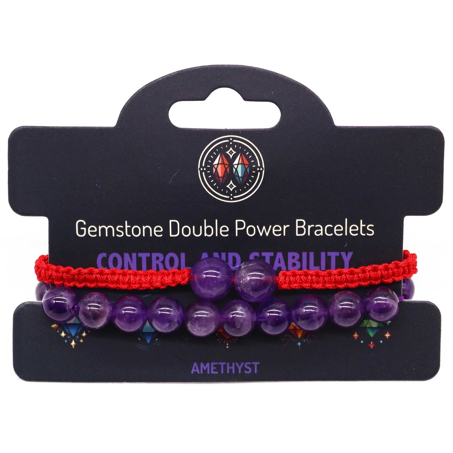 Pair of gemstone double power bracelets on a black card with text and brand logo.
