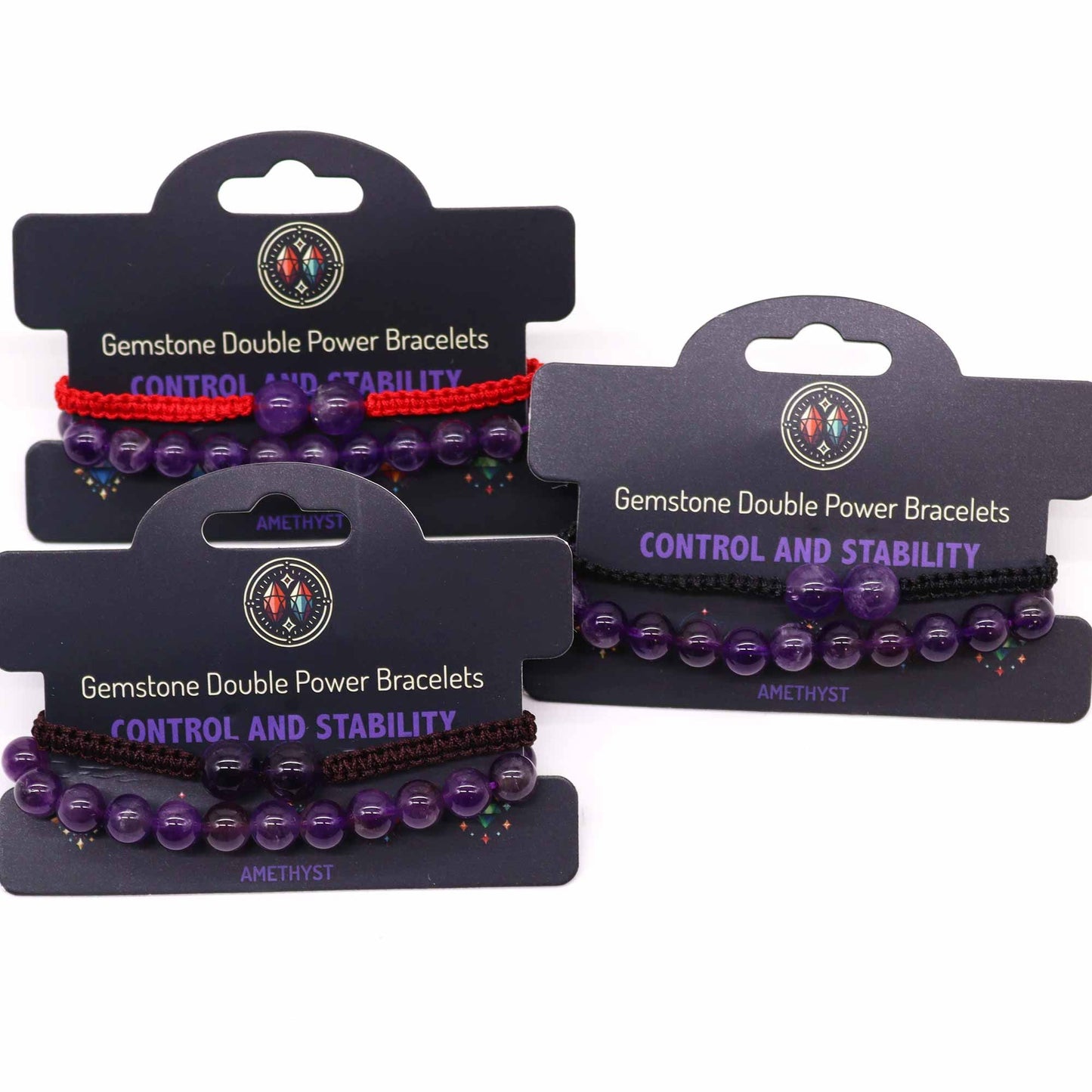 Three gemstone double power bracelets on display with packaging labeled 'Control and Stability'.