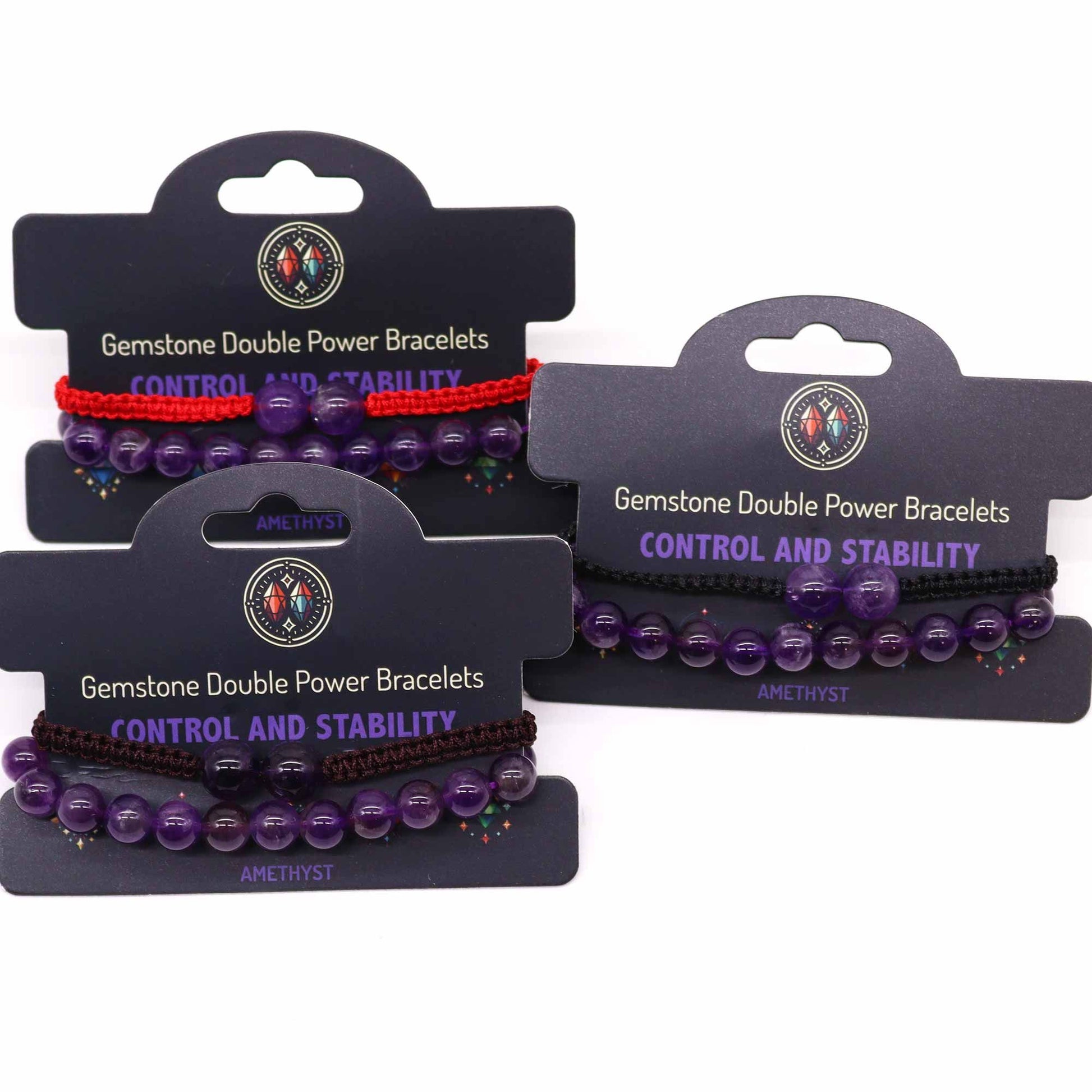 Three gemstone double power bracelets on display with packaging labeled 'Control and Stability'.
