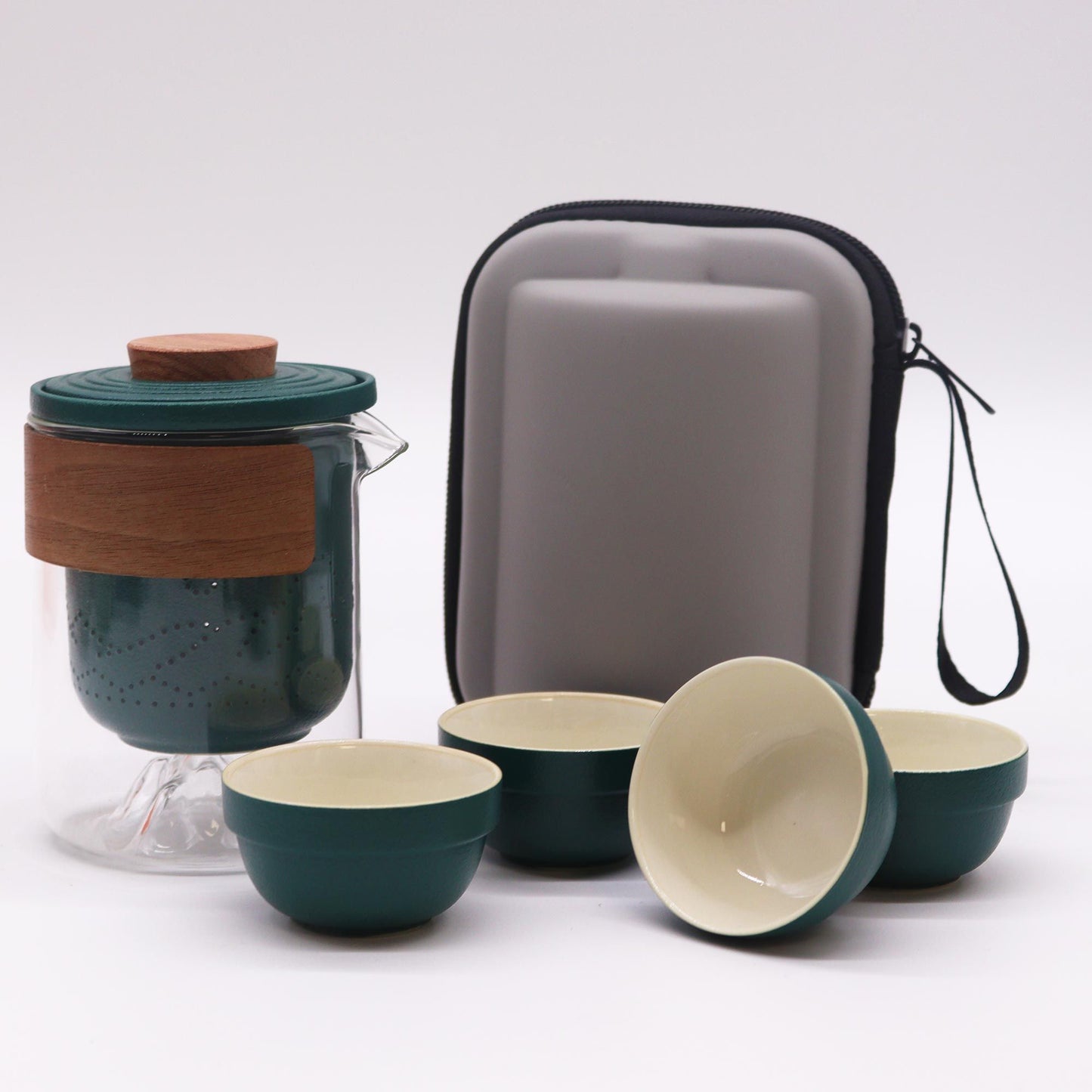 Portable mountain ceramic tea set with four cups and travel case