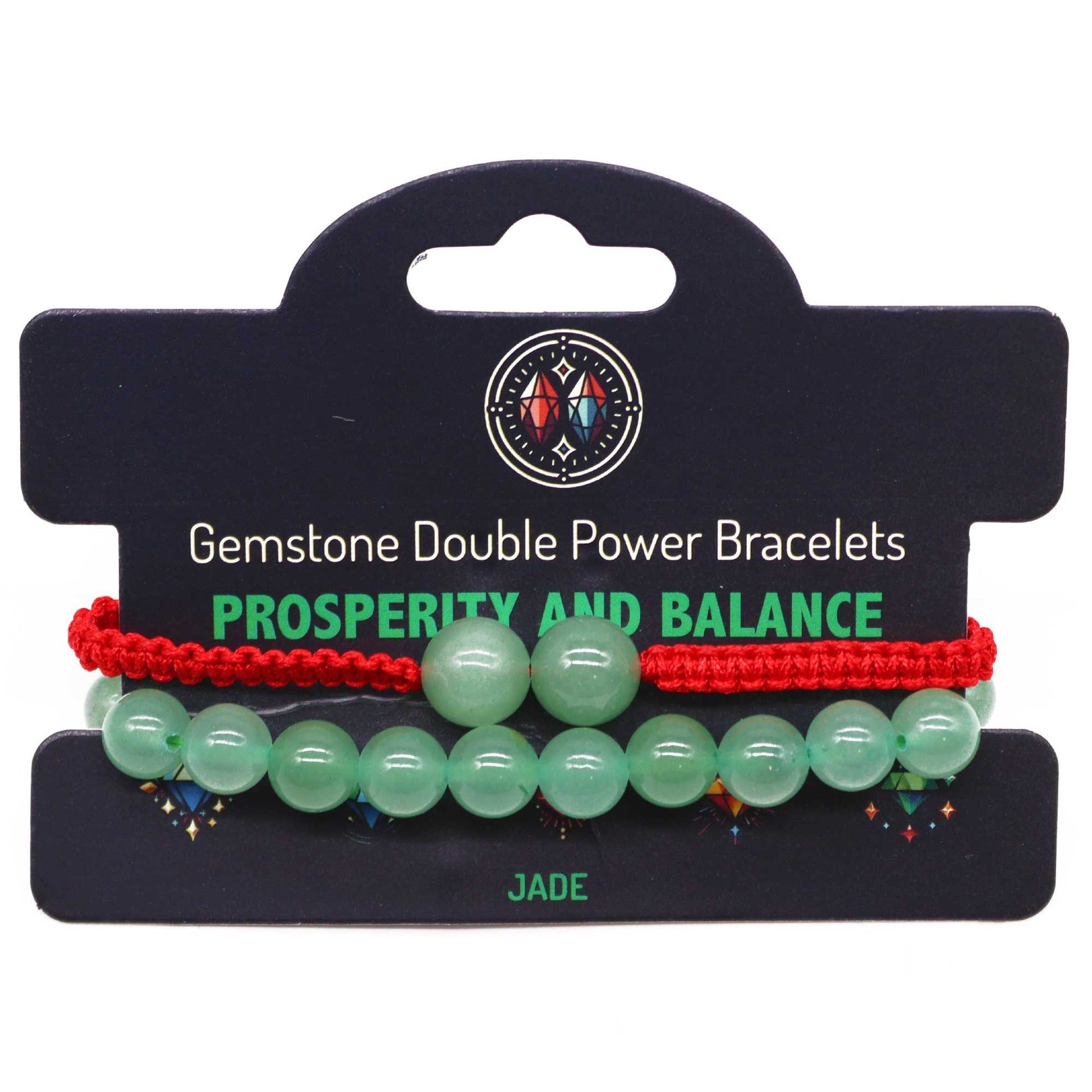 Set of gemstone double power bracelets on a display card with 'Prosperity and Balance' text.