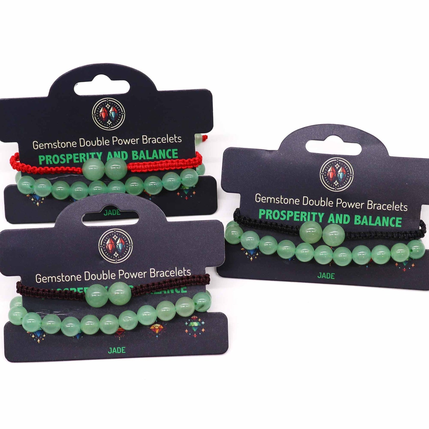 Green beaded bracelets on display cards with 'Prosperity and Balance' text on a white background.
