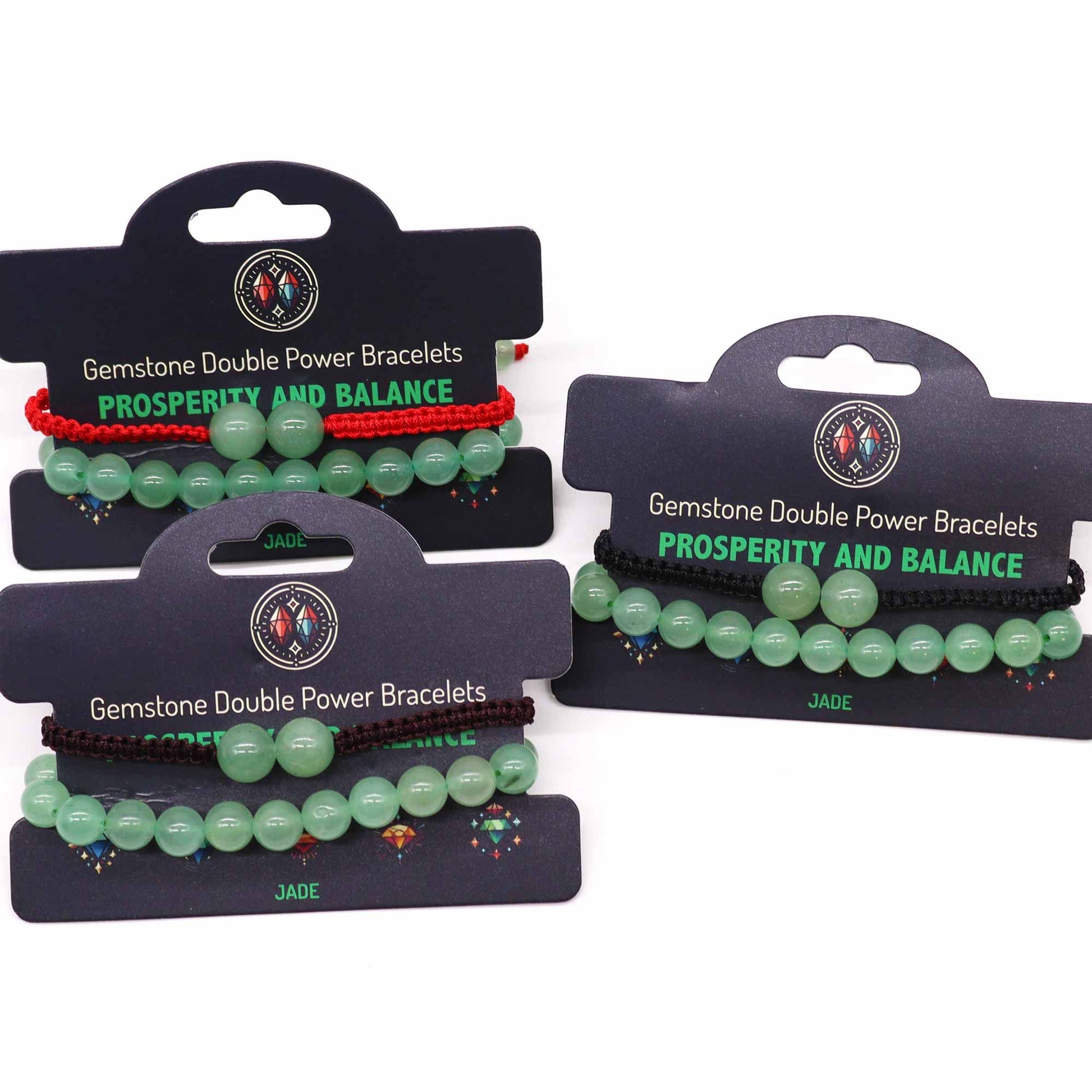Green beaded bracelets on display cards with 'Prosperity and Balance' text on a white background.
