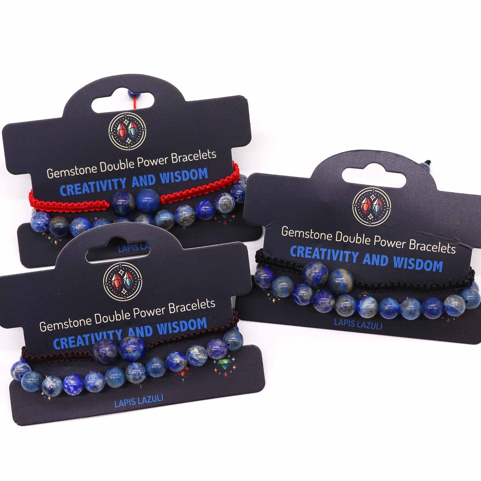Three gemstone double power bracelets on display with packaging labeled 'Creativity and Wisdom'.