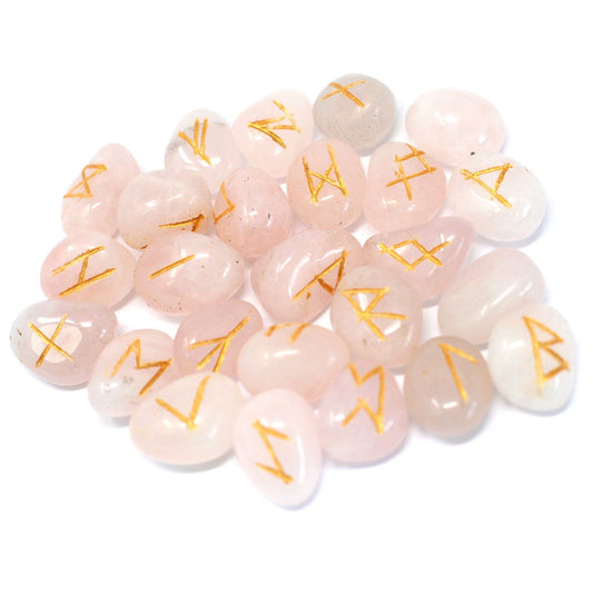 Natural Rose Quartz rune set with 25 engraved crystal stones and black storage pouch for divination and spiritual practice.